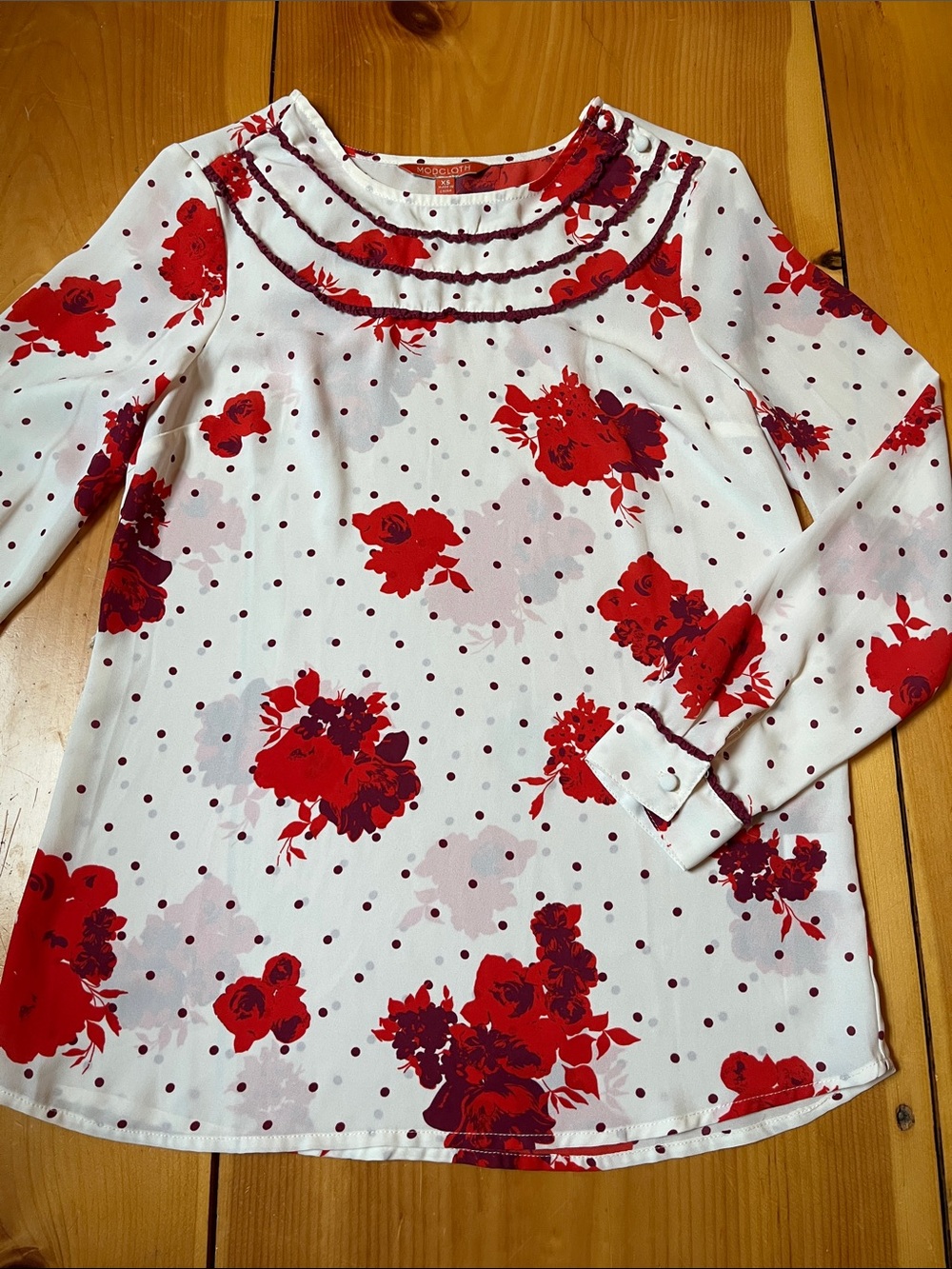 MODCLOTH XS Red Polka Dot Semi-Sheer Blouse Ruffled Trim